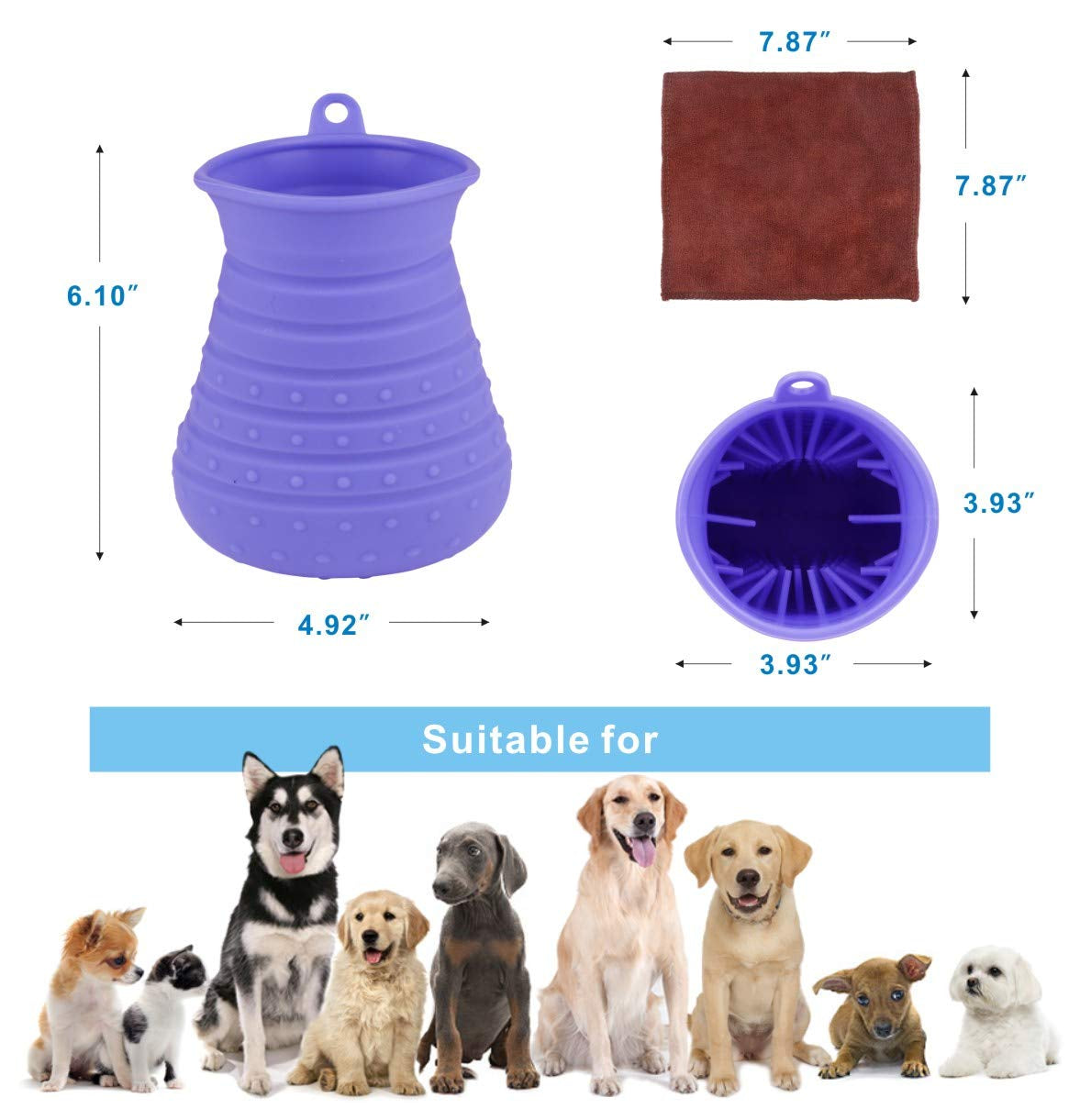 Dog Paw Cleaner Cup with Towel Pet Foot Washer Protable Dogs Cleaning Brush for Puppy Cats Massage Grooming Dirty Claws (Purple)