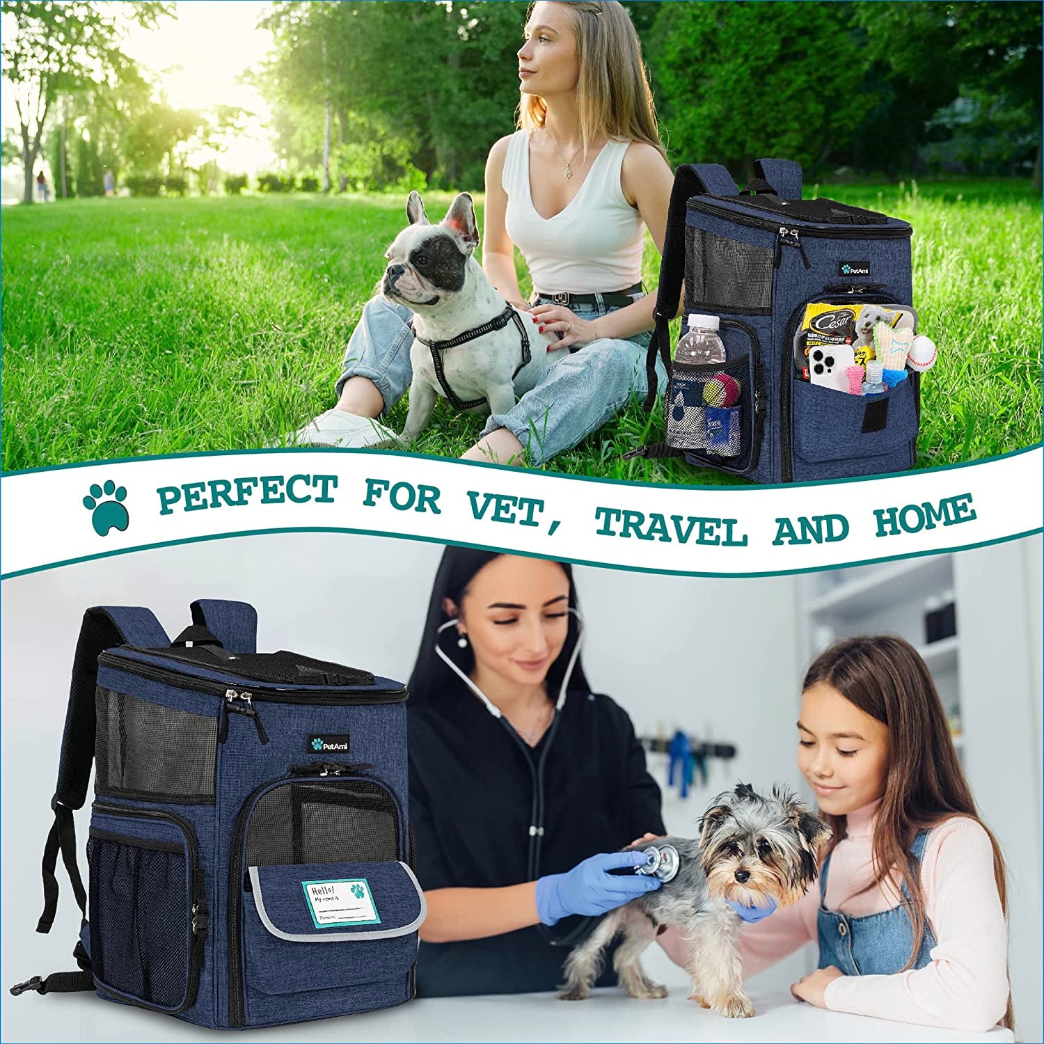 Dog Backpack Carrier, Airline Approved Cat Backpacks for Carrying Small Large Cats, Pet Carrier Back Pack, Ventilated Soft Sided Dog Cat Bookbag for Travel, Hiking, Camping, Navy