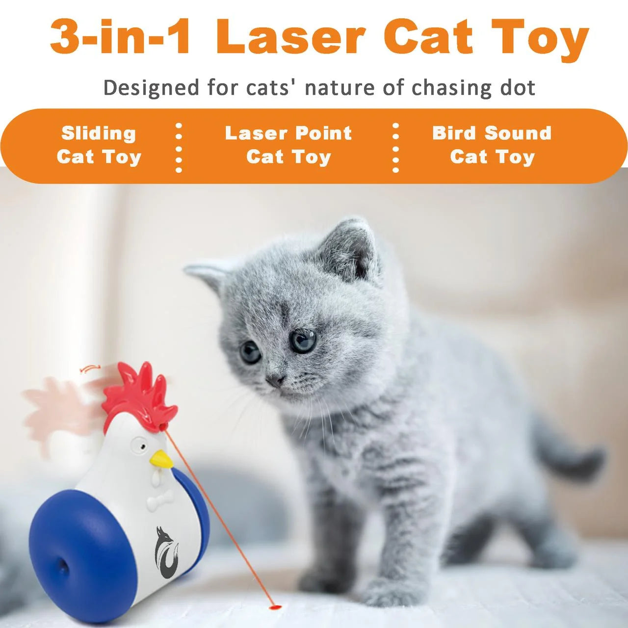 Cat Laser Toys - 3-In-1 Interactive Cat Toys for Indoor Cats, Cat Laser Toy, Sliding & Bird Song Toy. Rechargeable, Cat Chase Toy, Auto Shutoff & Laser Safe - Blue